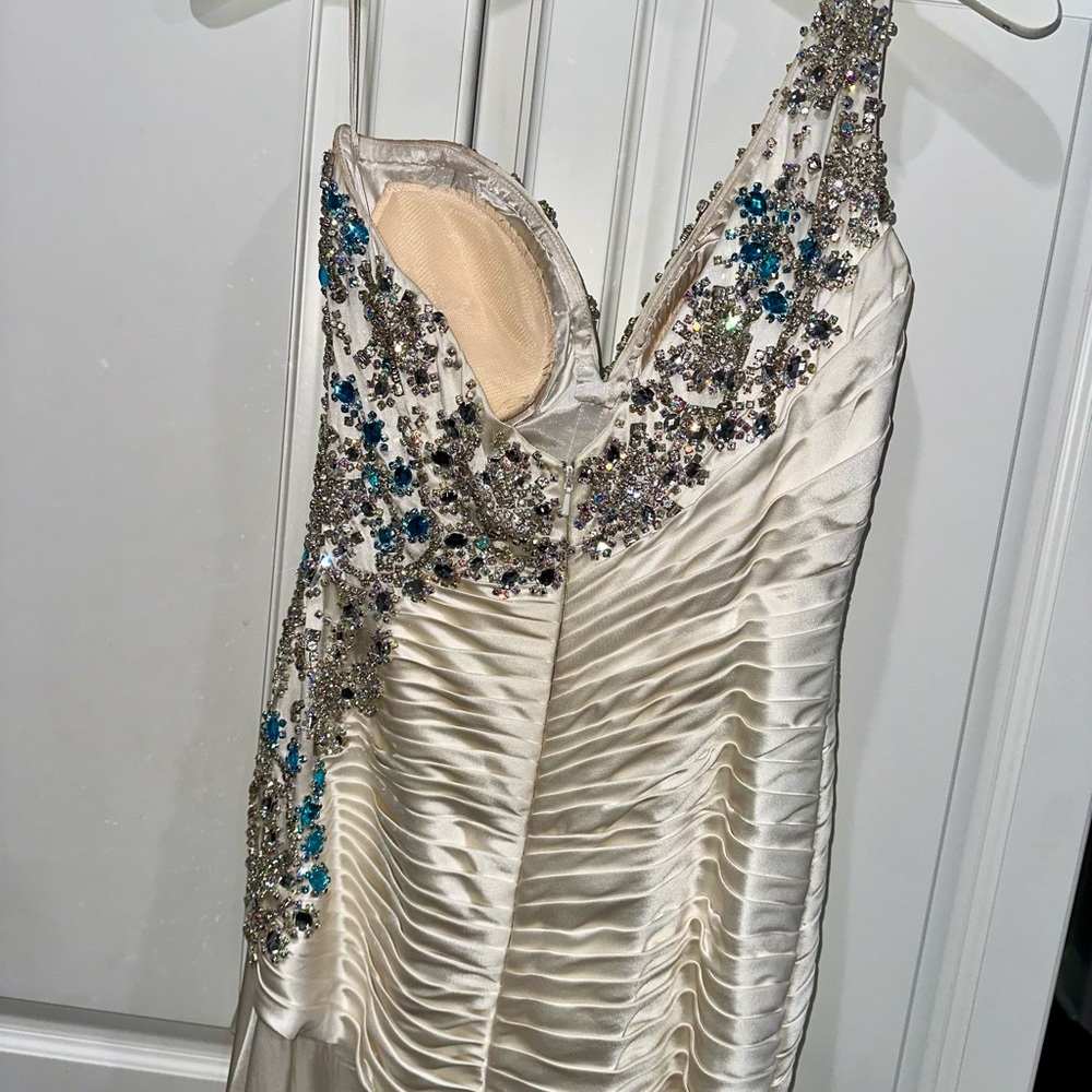 Sherri Hill Elegant White Pageant Gown w/ Large Blue & Clear Rhinestones - Picture 7 of 17